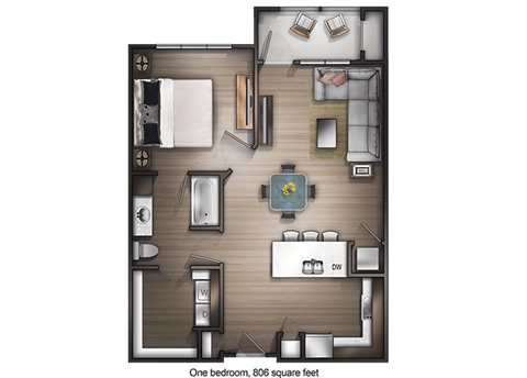Floor plan for 1 bed, 1 bath, 806 sqft